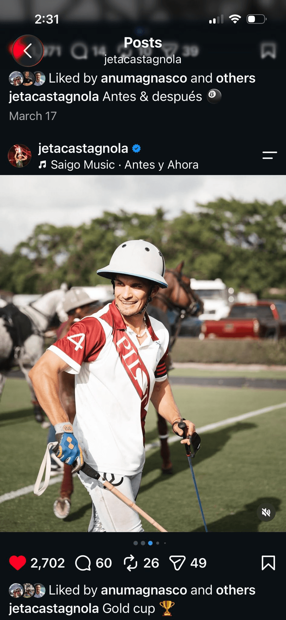 Camilo Jeta Castagnola holding a polo mallet beside a polo field